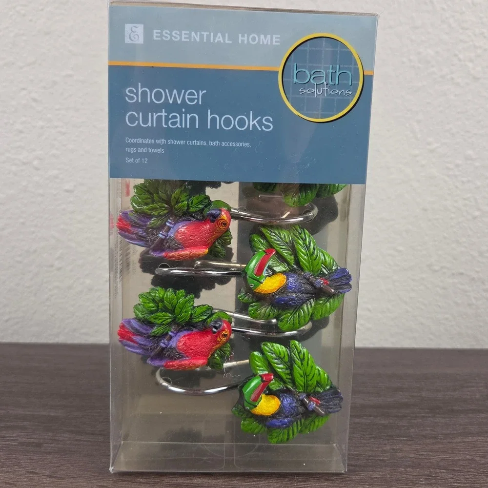 Vintage NOS Rainforest Shower Curtain Hooks Parrot Toucan Set of 12 Tropical